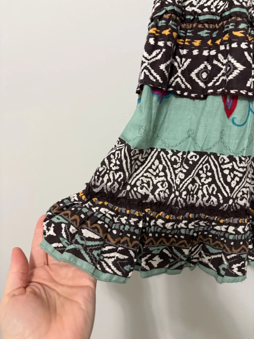 Vintage Boho Indie Hippie Festival Cotton Tiered Brown Teal Print Petite Skirt